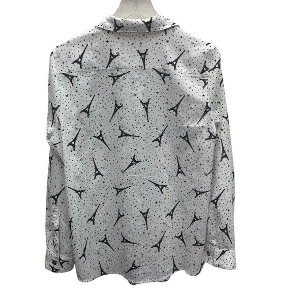 Karl Lagerfeld Paris Eiffel Tower Print Blouse Roll-Tab Sleeves Size Large - Picture 9 of 10